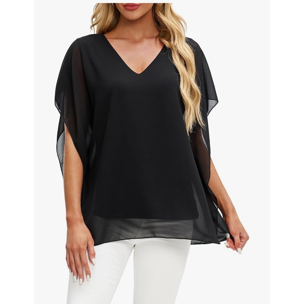 Ckikiou Womens‎ Black Batwing Sleeve V Neck Tunic Top Size S Polyester Blend